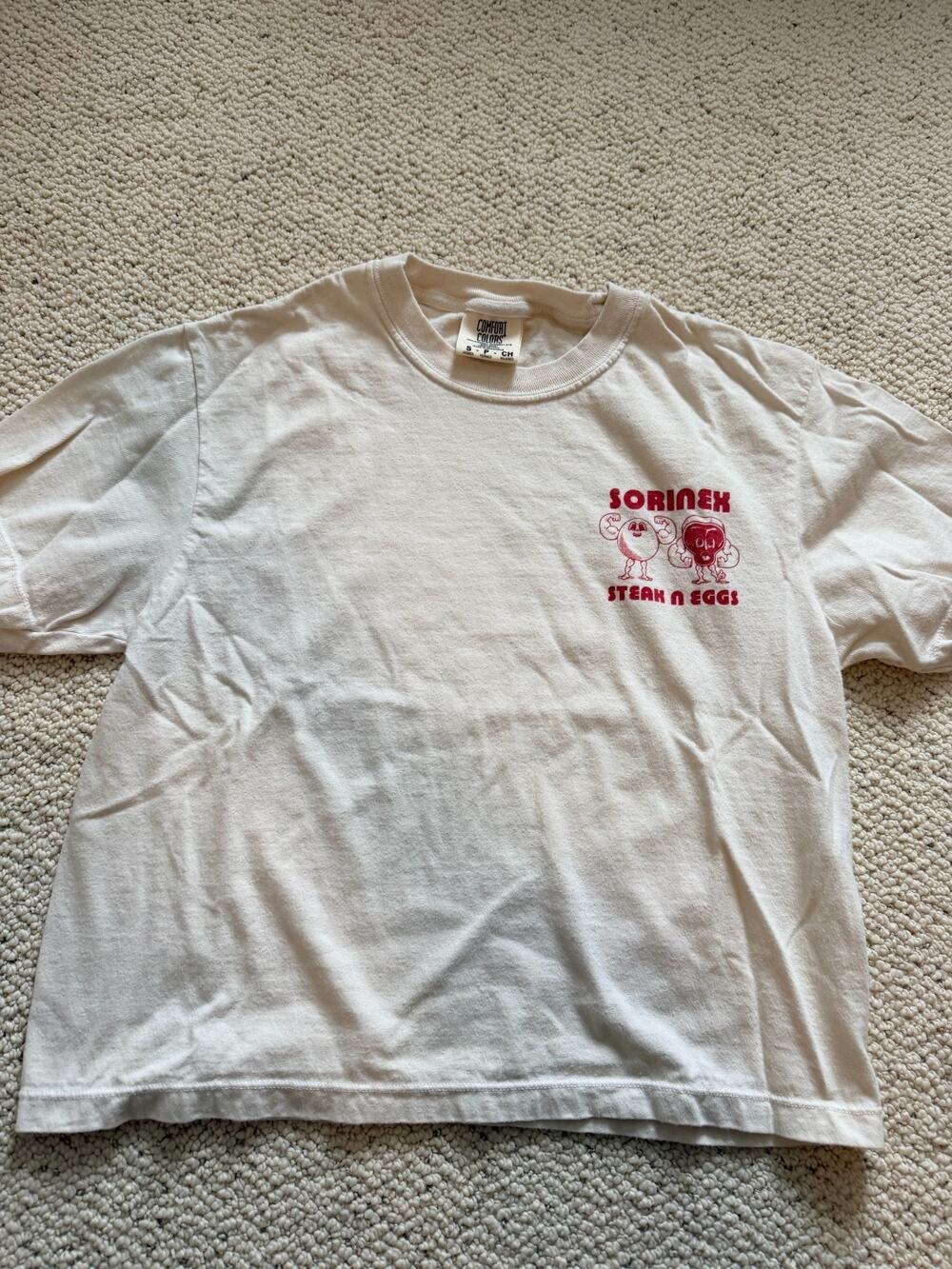Sorinex Steak N Eggs T Shirt Womens S Ivory Comfort Colors Gym Graphic Crop Tee